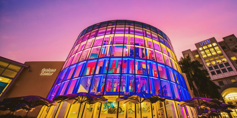 Front of the Graham Center building at night. 